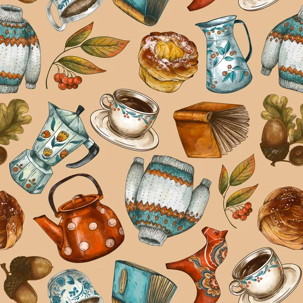 Αισθητικό Καφέ Διάλειμμα Seamless Pattern Σκανδιναβική Fika Tea Time Vintage — Φωτογραφία Αρχείου