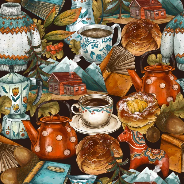 Ästhetische Kaffeepause Nahtloses Muster Skandinavische Fika Tea Time Vintage Illustration — Stockfoto