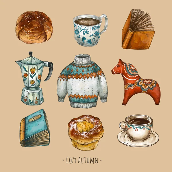 Pausa Estética Para Café Hora Chá Fika Escandinavo Ilustração Vintage — Fotografia de Stock