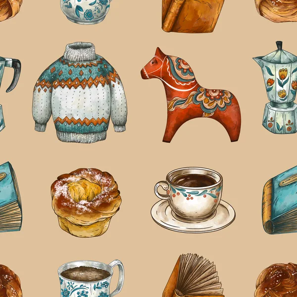 无缝带美学咖啡休息模式 斯堪的纳维亚菲卡茶时间 复古图解 — 图库照片