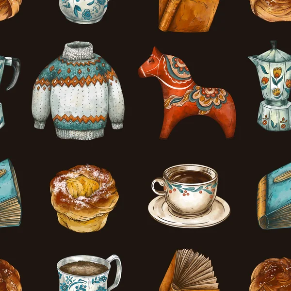 Ästhetische Kaffeepause Nahtloses Muster Skandinavische Fika Tea Time Vintage Illustration — Stockfoto