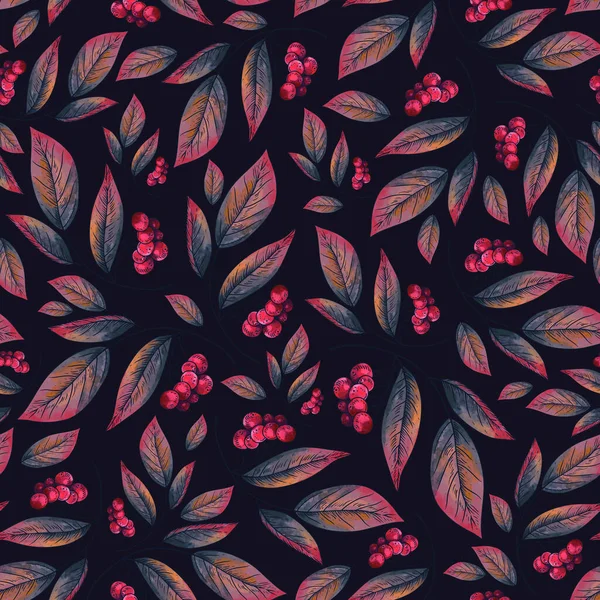 Berries Fall Leaves Seamless Pattern Autunno Elegante Texture Nero — Foto Stock