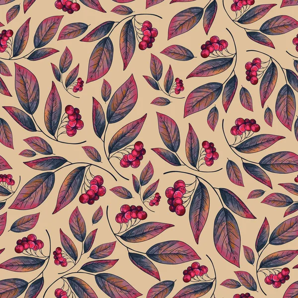 Bessen Herfst Bladeren Naadloos Patroon Herfst Elegante Textuur Zwart — Stockfoto