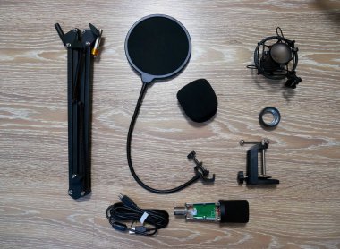 Yayıncılar ve blogcular için mikrofon. Hareket edebilen bacağa yerleştirilmiş mikrofon.