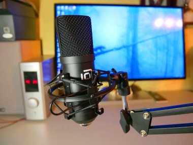 Yayıncılar ve blogcular için mikrofon. Hareket edebilen bacağa yerleştirilmiş mikrofon.
