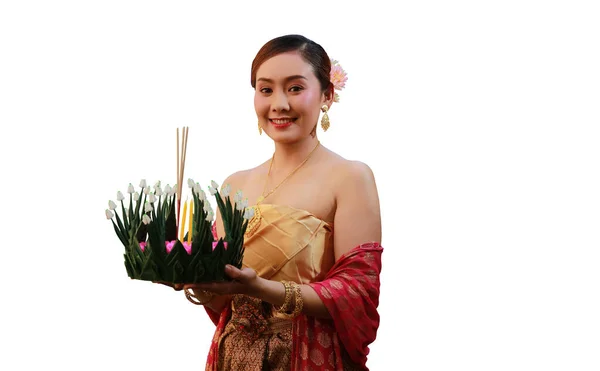 Bella Asia Donna Con Dea Tradizionale Thai Tenere Krathong Pregare — Foto Stock