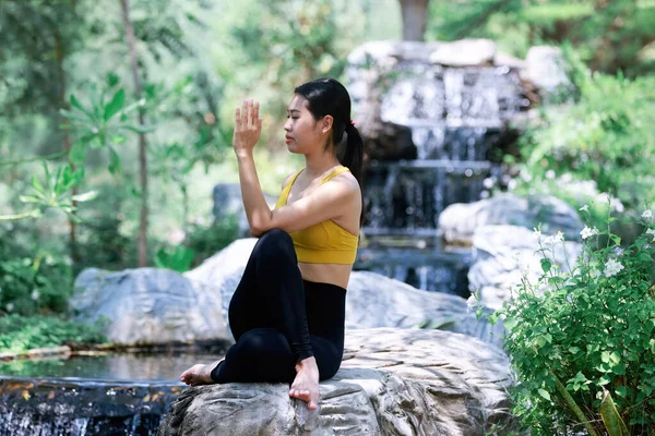 Professionell Yoga Instruktör Visa Yoga Terapi Trädgården Hälsa Livsstil — Stockfoto