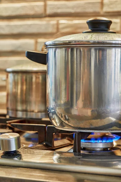 Several Pots Cooking Food Gas Stove Home Kitchen Home Cooking — Stock Photo, Image