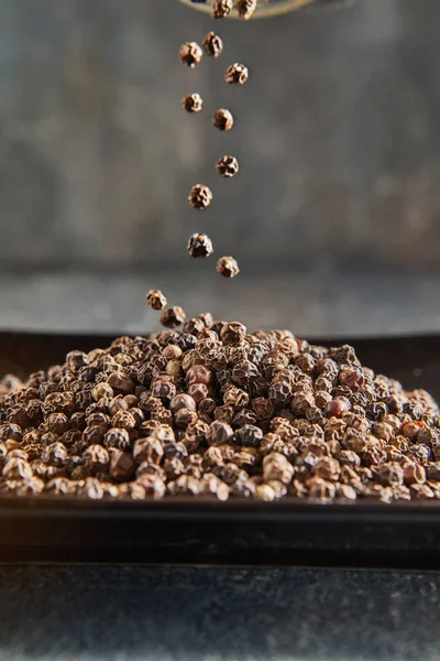Pour brown peppercorns on top of plate of pepper — Foto Stock