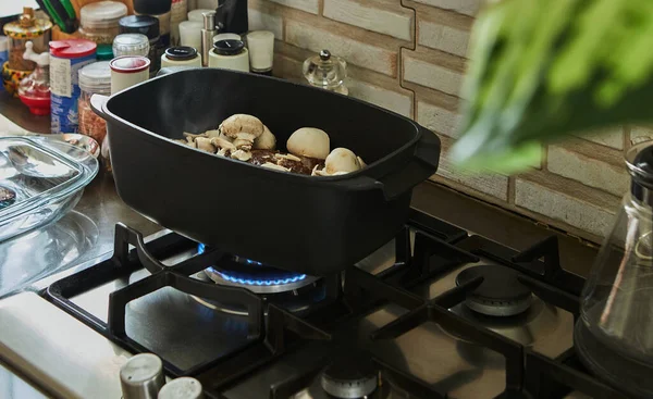 Large Piece Beef Mushrooms Fried Special Cauldron Gas Stove Close — Foto de Stock