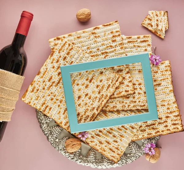 Pesach Celebration Concept Jewish Holiday Pesach Matzah Traditional Seder Plate — Stock Photo, Image