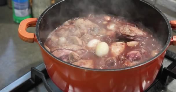 Κοτόπουλο μαριναρισμένο σε κόκκινο κρασί μαγειρεύεται με μανιτάρια και κρεμμύδια σε κατσαρόλα στο φούρνο αερίου — Αρχείο Βίντεο