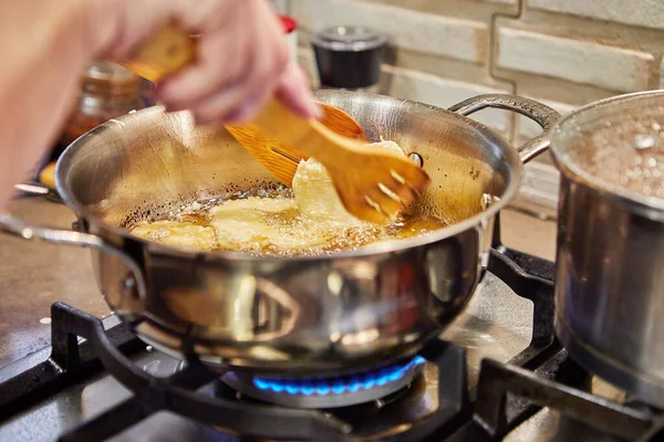 Cooking Apple Pancake Chef Flips Apple Donut Simmering Oil — Fotografie, imagine de stoc