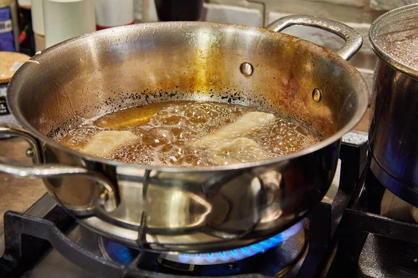 Bugnes French Donuts Boiling Oil Saucepan — Fotografie, imagine de stoc
