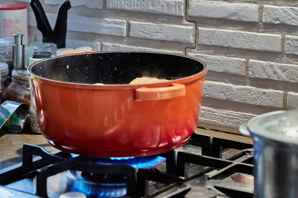 Chicken Cooked Pot Gas Stove Kitchen — стоковое фото