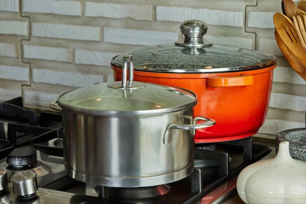 Pots Cooking Food Kitchen Gas Stove — Stock Photo, Image