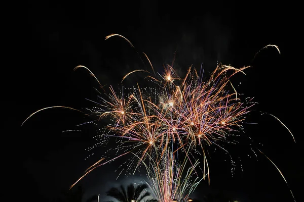Πολύχρωμα Πυροτεχνήματα Στον Νυχτερινό Ουρανό Εορτασμός Της Ημέρας Ανεξαρτησίας Πρωτοχρονιάς — Φωτογραφία Αρχείου