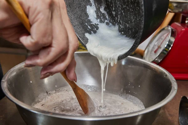 Chef Pours Whipped Cream Chocolate Cake Mix Pears Nuts Step —  Fotos de Stock