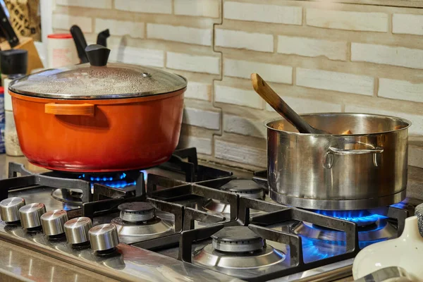 Preparación Alimentos Sartén Cazuelas Estufa Gas Cocina Concepto Cocina Casera —  Fotos de Stock