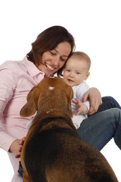 Moeder met baby en beagle hond — Stockfoto