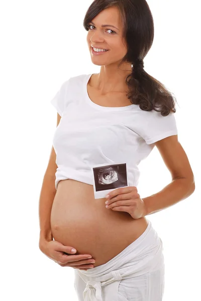 Retrato de una mujer embarazada con ultrasonido foto del bebé — Foto de Stock