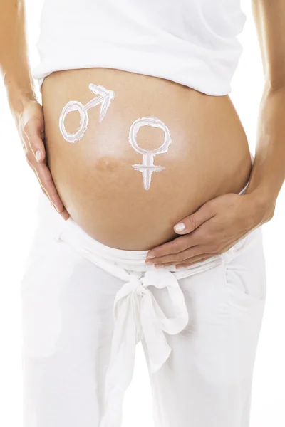 Portret van een zwangere vrouw met merken op haar maag "boy" en "girl" — Stockfoto
