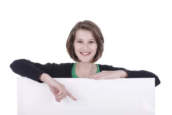 Portrait of the girl with white placard — Stockfoto