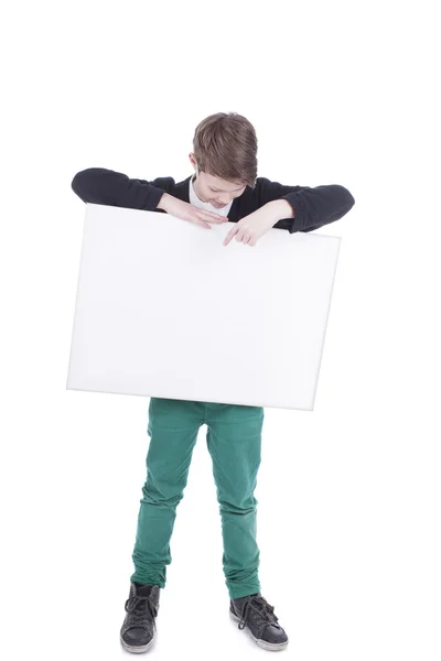 Portret chłopca z afisz biały — Zdjęcie stockowe