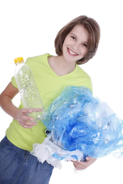 Bir kızın portresi torba çöp — Stok fotoğraf