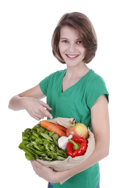 Retrato de una chica con una bolsa de verduras —  Fotos de Stock