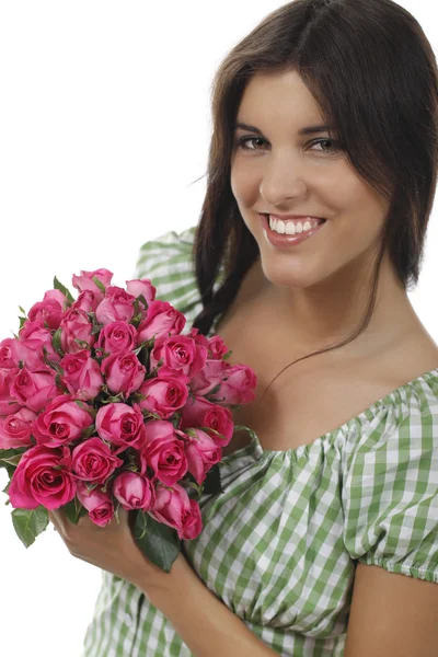 Ελκυστική γυναίκα με ένα μάτσο τριαντάφυλλα ροζ - αγάπη - ημέρα του Αγίου Βαλεντίνου — Φωτογραφία Αρχείου