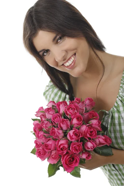 Donna attraente con un mazzo di rose rosa - amore - San Valentino — Foto Stock