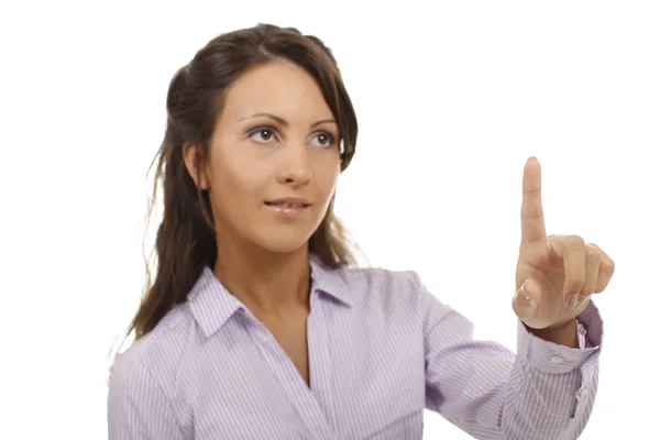 Business woman points on a virtual screen — Stock Photo, Image