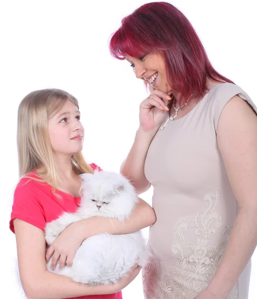Meisje met kleine kitten praten met haar moeder — Stockfoto