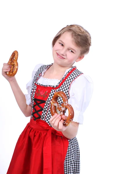 Pretty young girl with pretzel — Stock Photo, Image