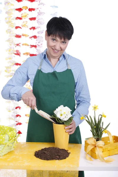 Senior vrouw met Lentebloemen — Stockfoto