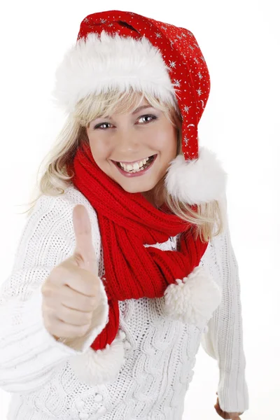 Woman with santa hat smiling — Stock Photo, Image