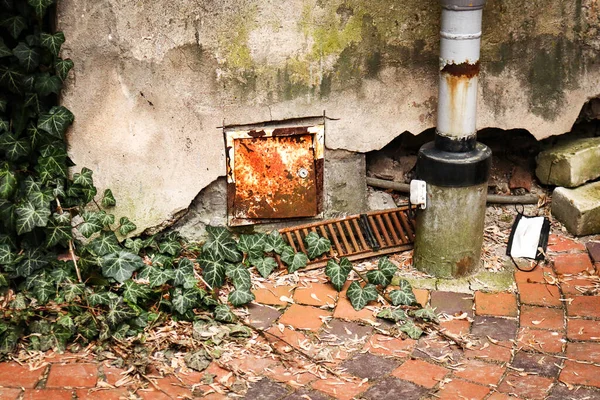 Inglese Ivy crowling da angolo edificio su pavimentazione piastrellata rossa lungo rotto muro di cemento invecchiato con piccola porta arrugginita e tubo — Foto Stock