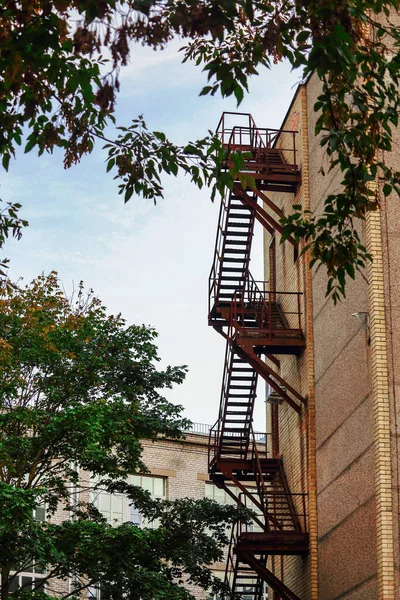 黄砖墙建筑的防火出口楼梯在蓝天背景树叶的树枝后面 — 图库照片