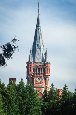 Mavi arka planda yeşil ağaç dalları üzerinde sivri kulesi olan antik kırmızı tuğladan kale.