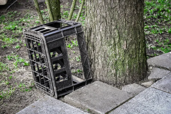 야외에서 화창 한 날에는 나무 줄기 가까이에 서 있는 액체를 운반하기 위해 병에 담을 검은 플라스틱 오래 된 상자를 만들었다 — 스톡 사진