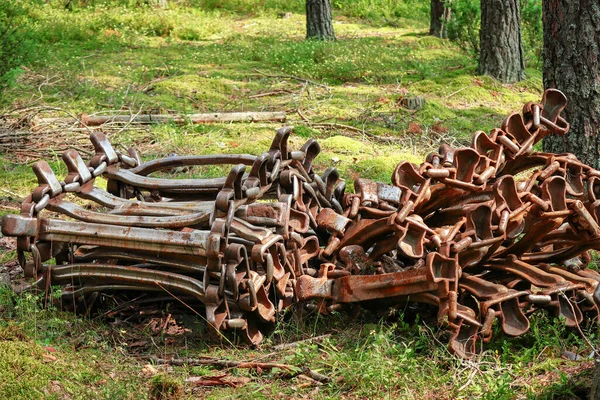 Continuous Rusty Excavator Tracks Bulldozer Lying Forest Ground Green Grass — 스톡 사진