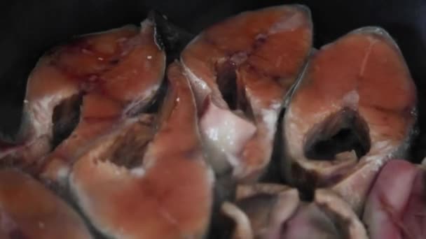 Filety rybne smażone są na patelni, para pochodzi z pożywienia.. — Wideo stockowe