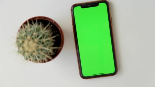 녹색 화면 이 있는 전화기가 선인장 옆흰 배경에 놓여 있고 손가락 이 스냅하고 클릭하고 있습니다.. — 비디오