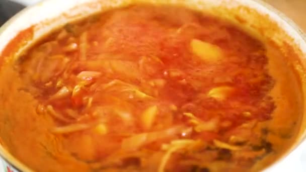 Soppa tillagas i pannan, du kan se hur buljong kokar och grönsaker flyter förresten. Beredningar av rysk borscht. — Stockvideo