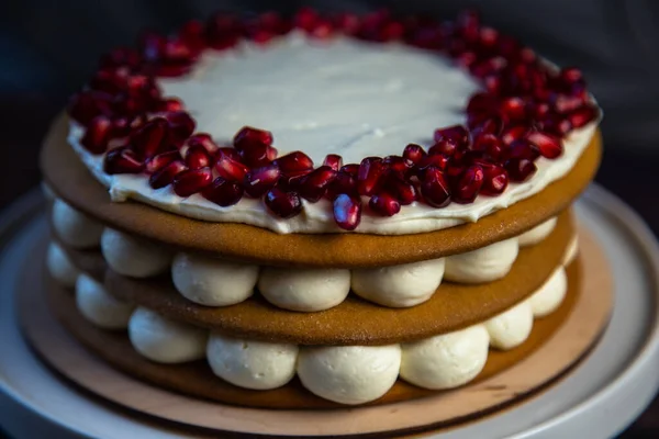 Торт с губчатыми тортами, украшенный белым кремом и семенами граната сверху в круге, слои крема видны кругами сбоку, вид сбоку крупным планом — стоковое фото