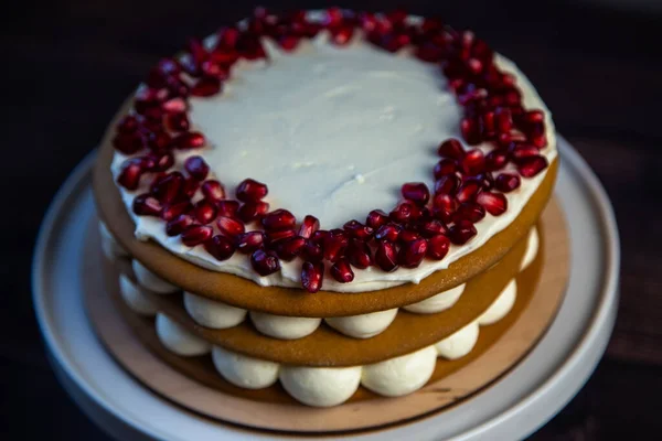 원안에 하얀 크림 과 석류 씨앗으로 장식된 스펀지 케이크로 만든 케이크는 옆 원 안에 있는 크림 층을 볼 수있다. — 스톡 사진