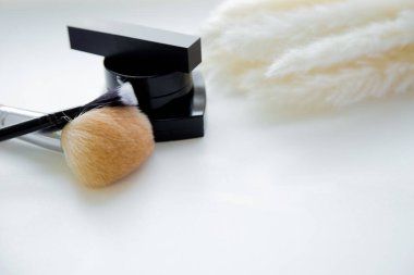 Ruj, fırça ve allık, beyaz arka planda kabarık bir baston dalının yanında yan yana yatar.