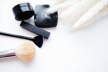 Moskova, 2021. Ruj, fırça ve allık, beyaz arkaplandaki kabarık baston dalının yanında uzanır.