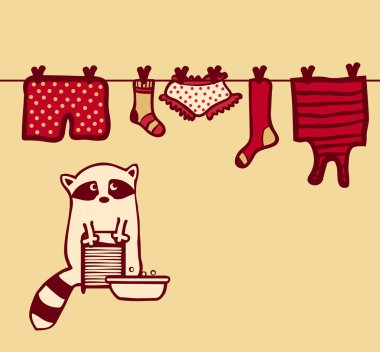 vektör Rakun yıkar ve elbiselerini clothesline üzerinde kurur